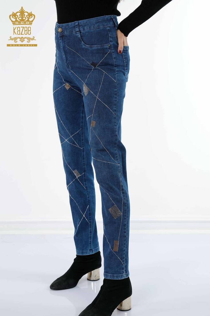 Women's Jeans Blue Crystal Stone Embroidered - 3551 | KAZEE