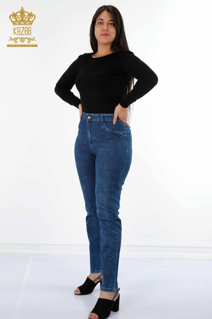 Women's Jeans Colored Stone Embroidered Pocket Detailed Blue - 3588 | KAZEE - Thumbnail