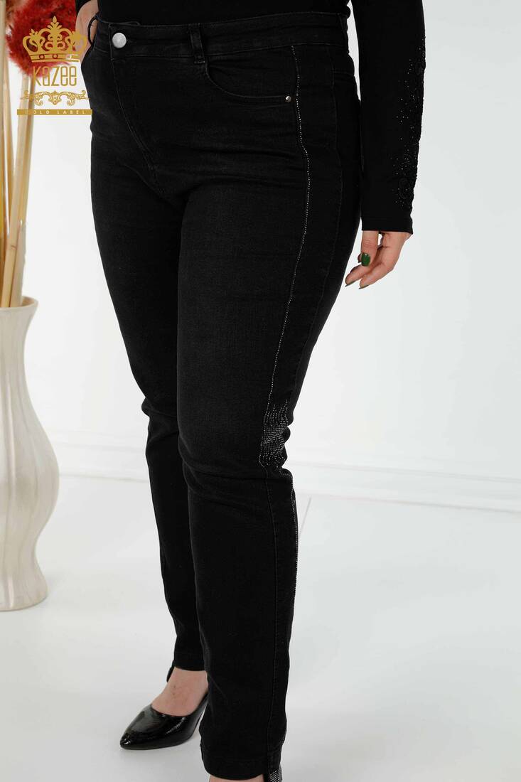 Women's Jeans Stone Embroidered Black - 3653 | KAZEE