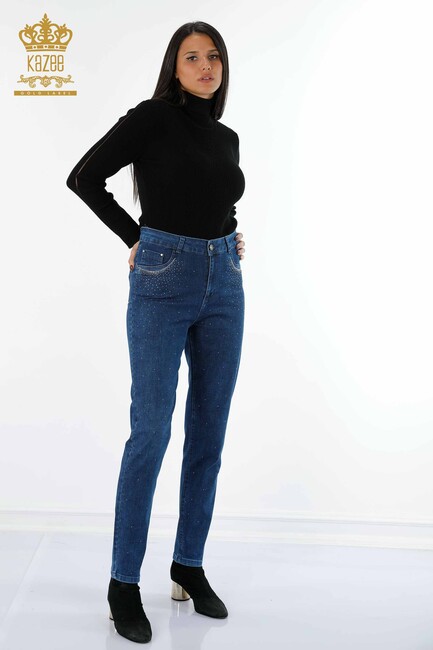 Women's Jeans Stone Embroidered Navy Blue - 3588 | KAZEE - Thumbnail