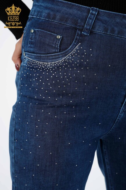 Women's Jeans Stone Embroidered Navy Blue - 3588 | KAZEE - Thumbnail