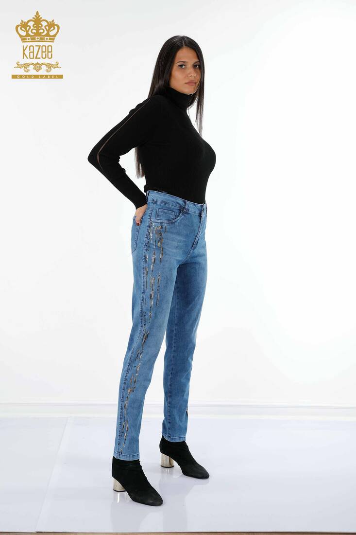 Women's Jeans Striped Stone Embroidered Blue - 3544 | KAZEE