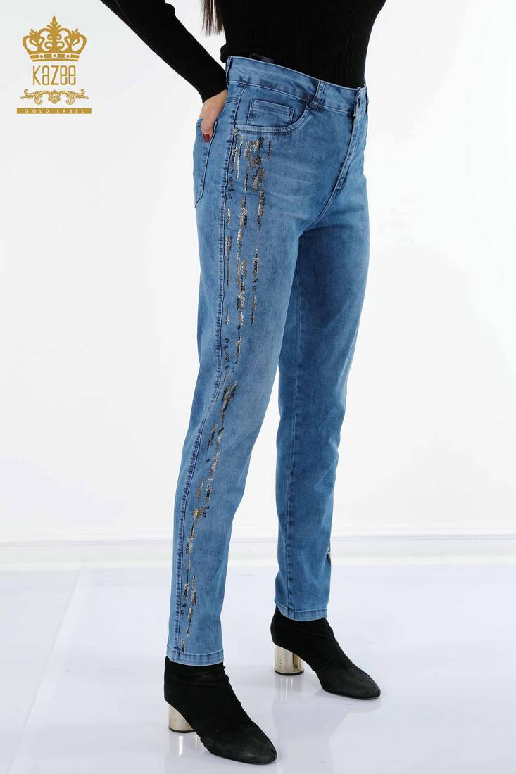 Women's Jeans Striped Stone Embroidered Blue - 3544 | KAZEE