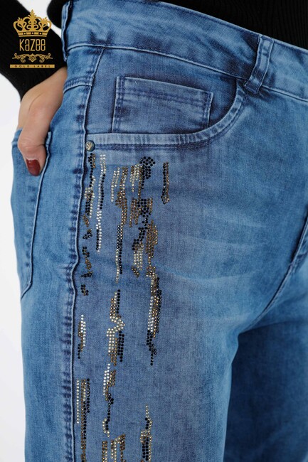 Women's Jeans Striped Stone Embroidered Blue - 3544 | KAZEE - Thumbnail