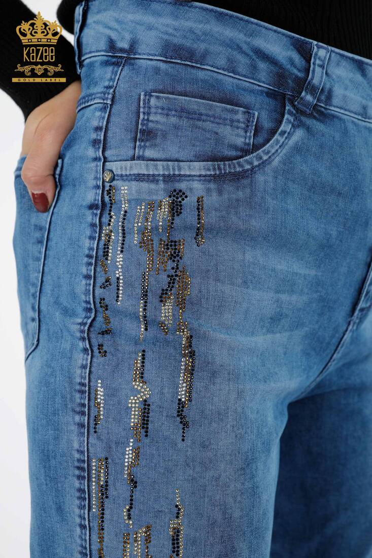 Women's Jeans Striped Stone Embroidered Blue - 3544 | KAZEE