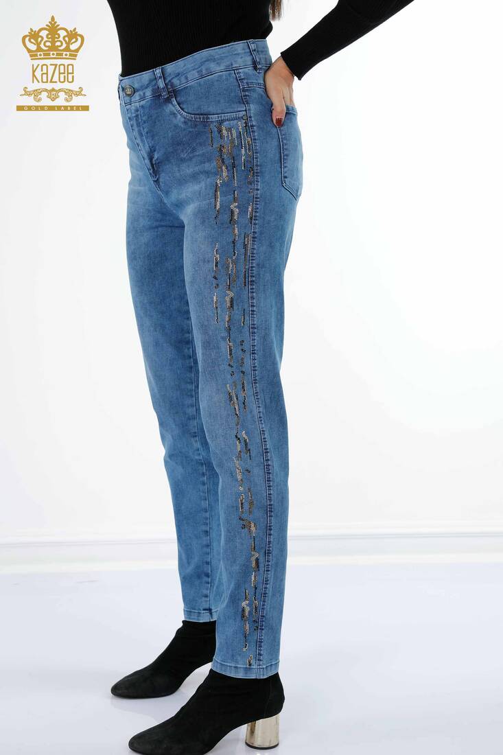 Women's Jeans Striped Stone Embroidered Blue - 3544 | KAZEE