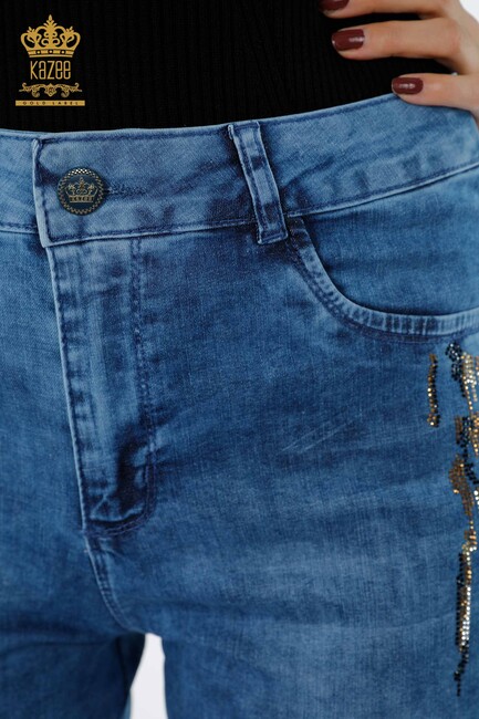 Women's Jeans Striped Stone Embroidered Blue - 3544 | KAZEE - Thumbnail