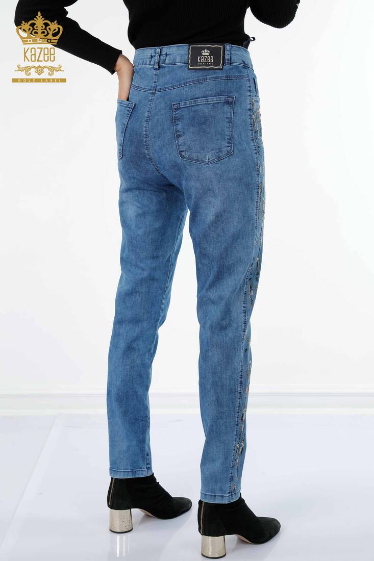 Women's Jeans Striped Stone Embroidered Blue - 3544 | KAZEE