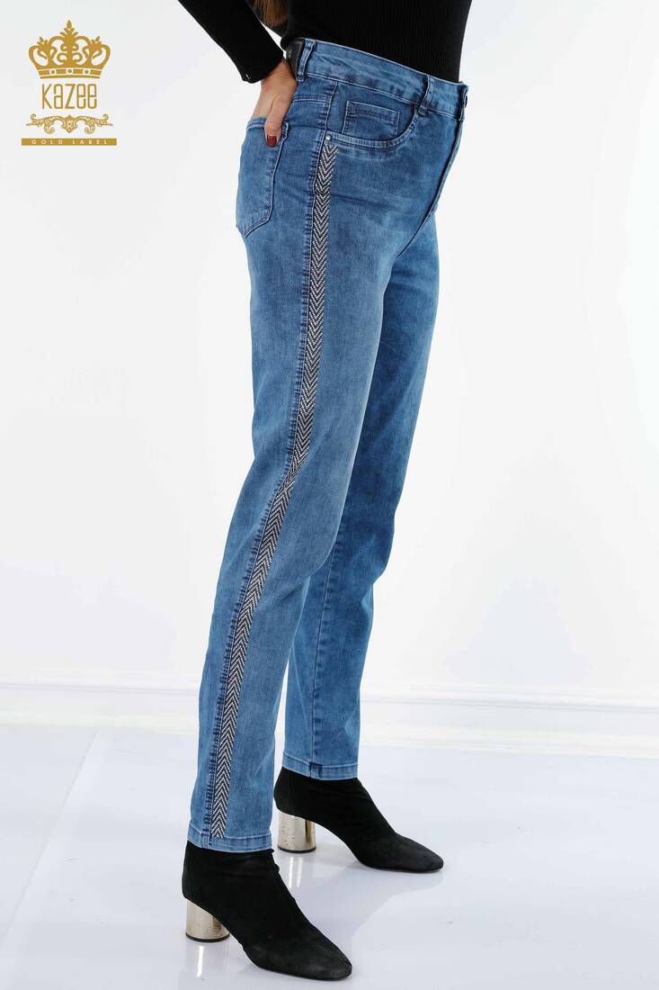 Women's Jeans Striped Stone Embroidered Blue - 3557 | KAZEE