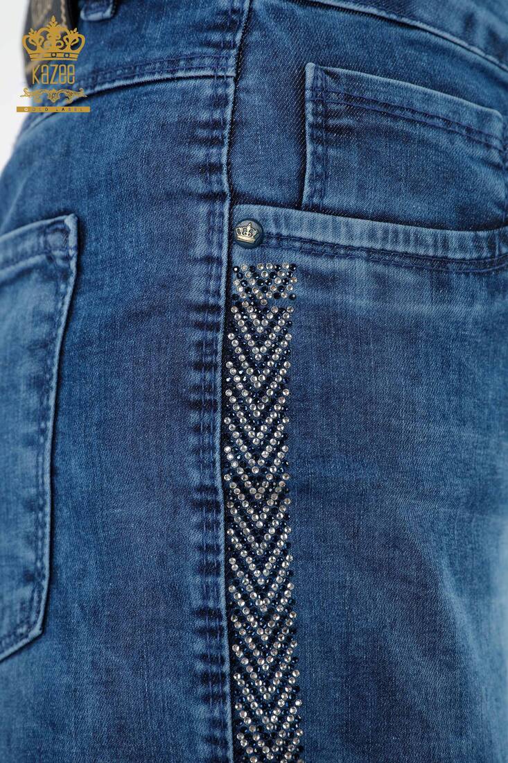 Women's Jeans Striped Stone Embroidered Blue - 3557 | KAZEE