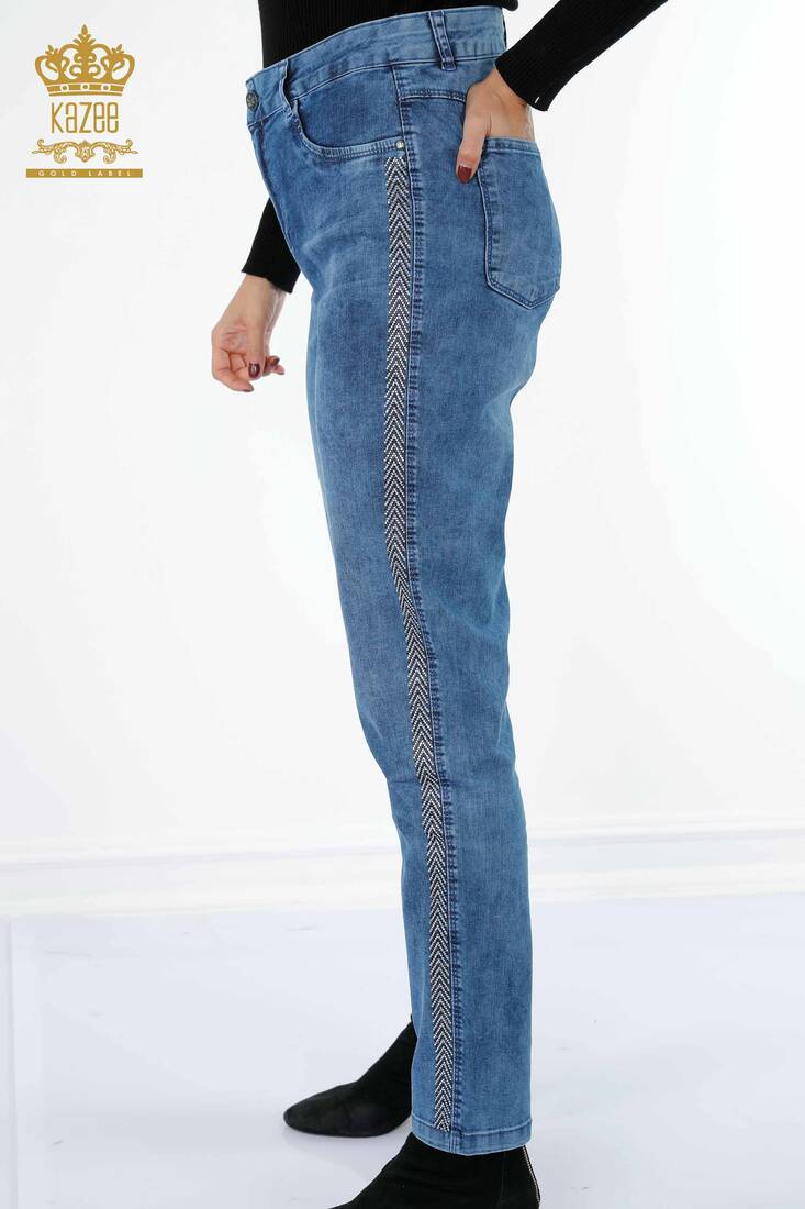 Women's Jeans Striped Stone Embroidered Blue - 3557 | KAZEE