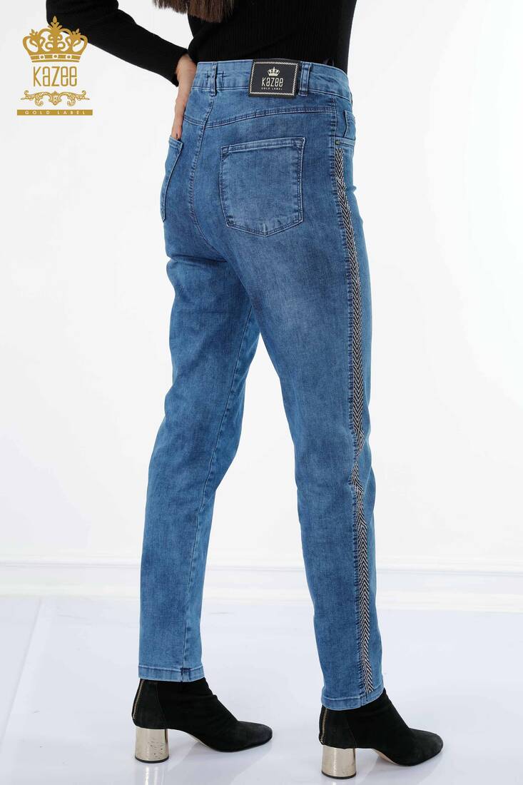 Women's Jeans Striped Stone Embroidered Blue - 3557 | KAZEE