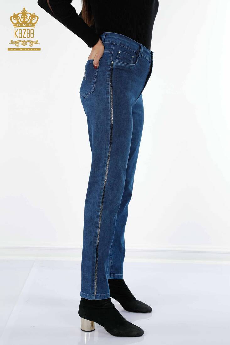 Women's Jeans Striped Stone Embroidered Blue - 3636 | KAZEE