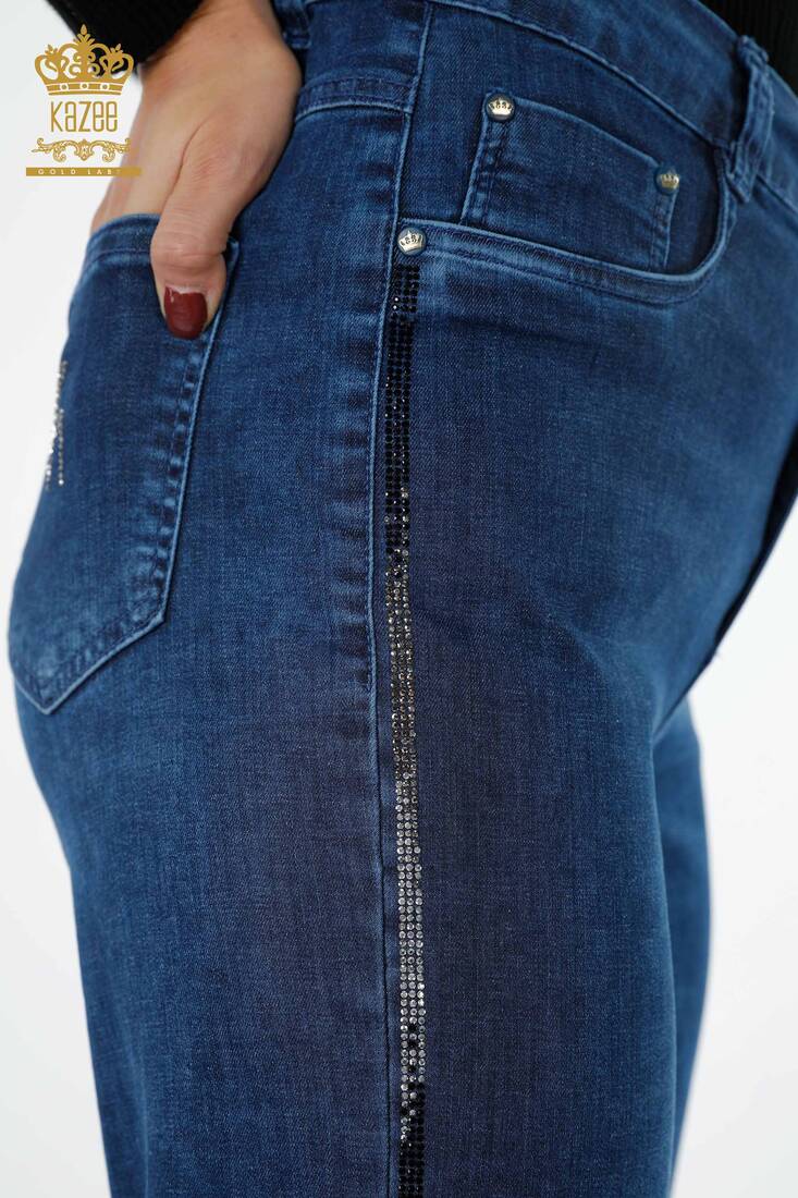 Women's Jeans Striped Stone Embroidered Blue - 3636 | KAZEE