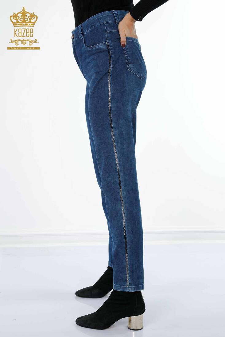 Women's Jeans Striped Stone Embroidered Blue - 3636 | KAZEE