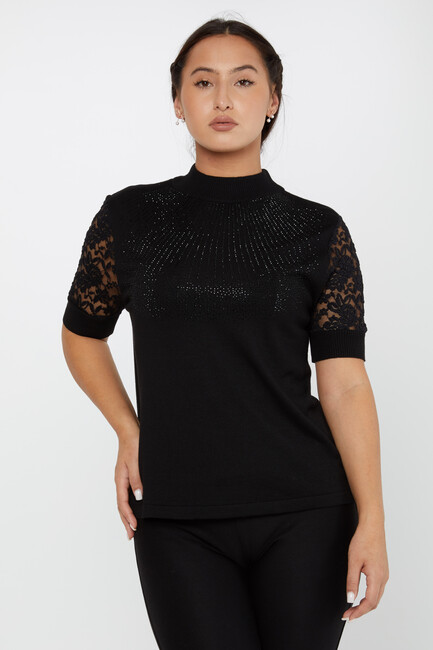 Women's Knitwear American Model Tulle Detail Black - 30959 | KAZEE - Thumbnail