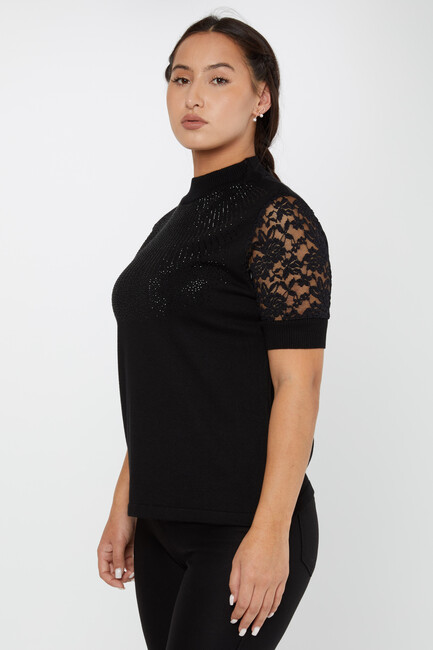 Women's Knitwear American Model Tulle Detail Black - 30959 | KAZEE - Thumbnail