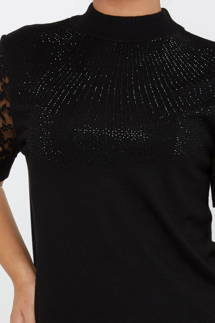 Women's Knitwear American Model Tulle Detail Black - 30959 | KAZEE - Thumbnail