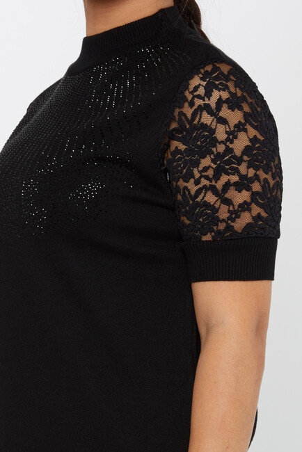 Women's Knitwear American Model Tulle Detail Black - 30959 | KAZEE - Thumbnail