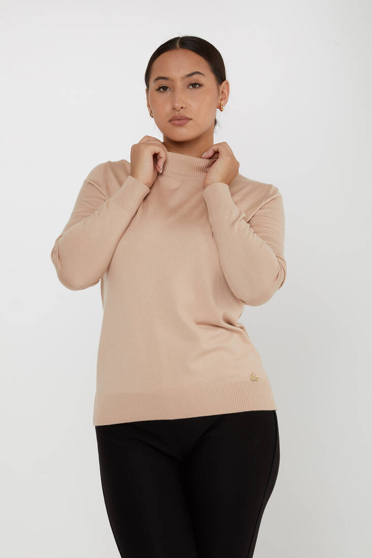 Women's Knitwear Basic Stand Collar Beige - 16663 | KAZEE