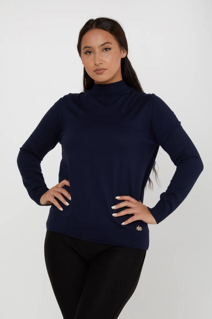 Women's Knitwear Basic Stand Collar Navy Blue - 16663 | KAZEE