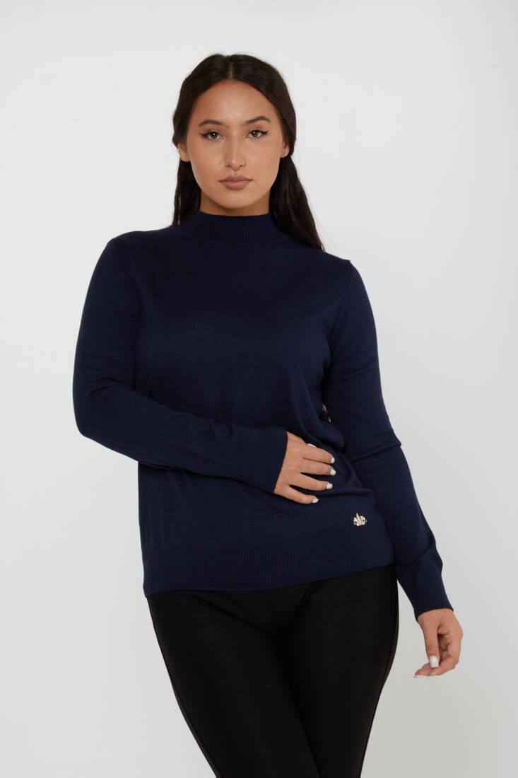 Women's Knitwear Basic Stand Collar Navy Blue - 16663 | KAZEE