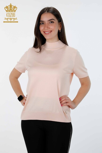 Women's Knitwear Basic Standing Collar Short Sleeve Viscose Powder - 16168 | KAZEE - Thumbnail