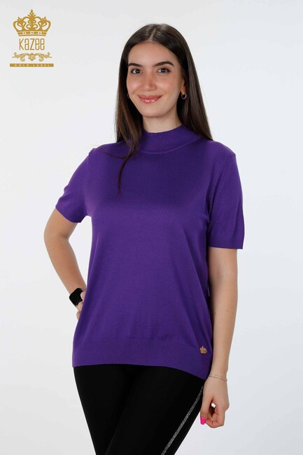 Women's Knitwear Basic Standing Collar Short Sleeve Viscose Purple - 16168 | KAZEE - Thumbnail