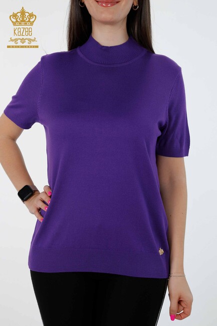 Women's Knitwear Basic Standing Collar Short Sleeve Viscose Purple - 16168 | KAZEE - Thumbnail