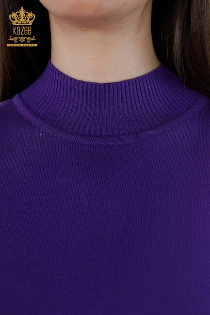 Women's Knitwear Basic Standing Collar Short Sleeve Viscose Purple - 16168 | KAZEE - Thumbnail