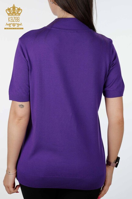 Women's Knitwear Basic Standing Collar Short Sleeve Viscose Purple - 16168 | KAZEE - Thumbnail