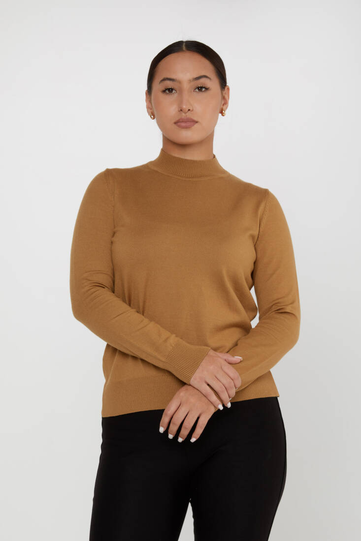 Women's Knitwear Basic Stand Collar Tan - 16663 | KAZEE