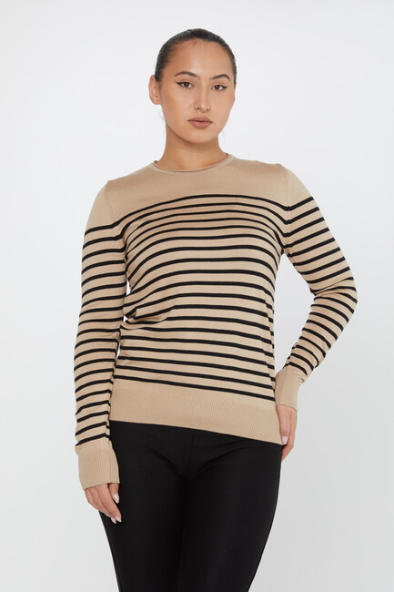 Women's Knitwear Basic Striped Beige - 30898 | KAZEE - Thumbnail