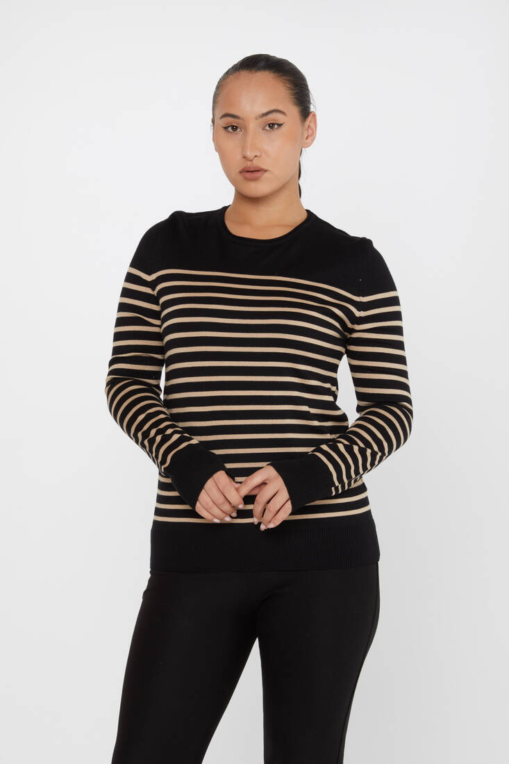 Women's Knitwear Basic Striped Black-Beige - 30898 | KAZEE