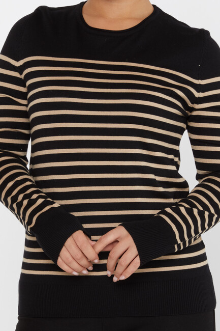 Women's Knitwear Basic Striped Black-Beige - 30898 | KAZEE - Thumbnail