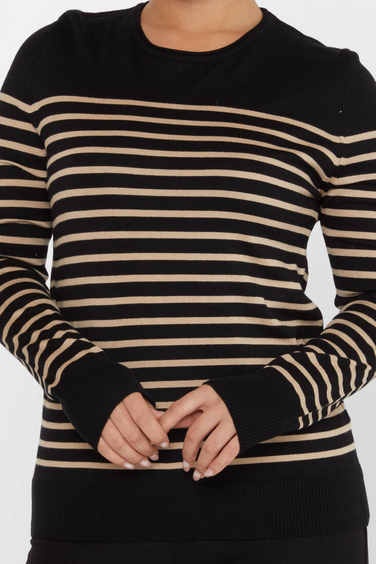 Women's Knitwear Basic Striped Black-Beige - 30898 | KAZEE