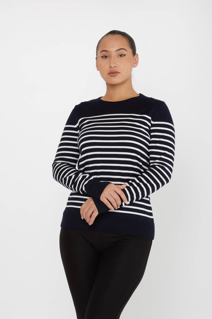 Women's Knitwear Basic Striped Navy Blue - 30898 | KAZEE