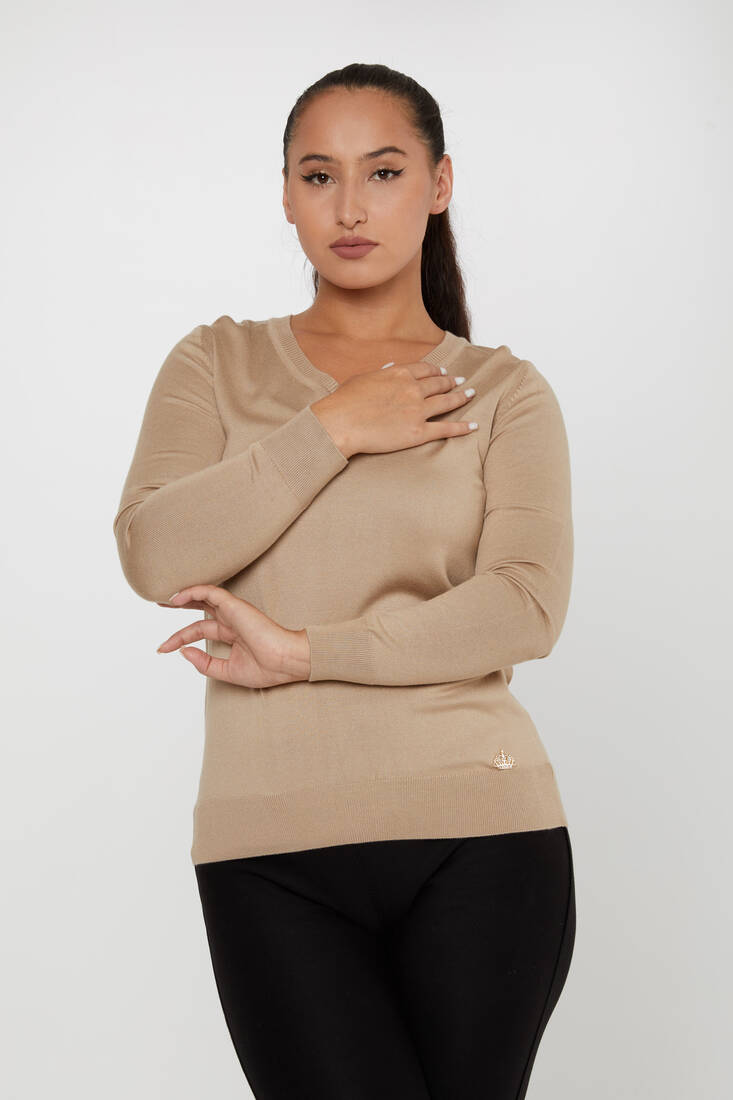 Women's Knitwear Basic V Neck Beige - 11071 | KAZEE