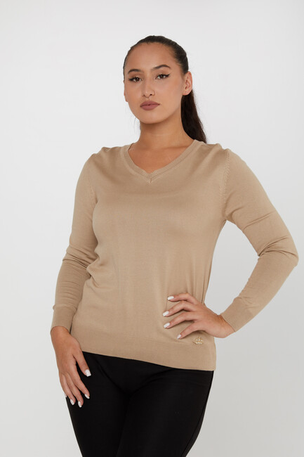 Women's Knitwear Basic V Neck Beige - 11071 | KAZEE - Thumbnail