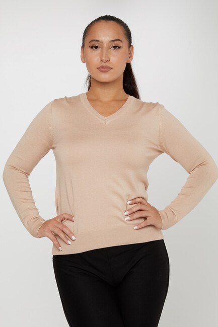 Women's Knitwear Basic V Neck Biscuit - 11071 | KAZEE - Thumbnail