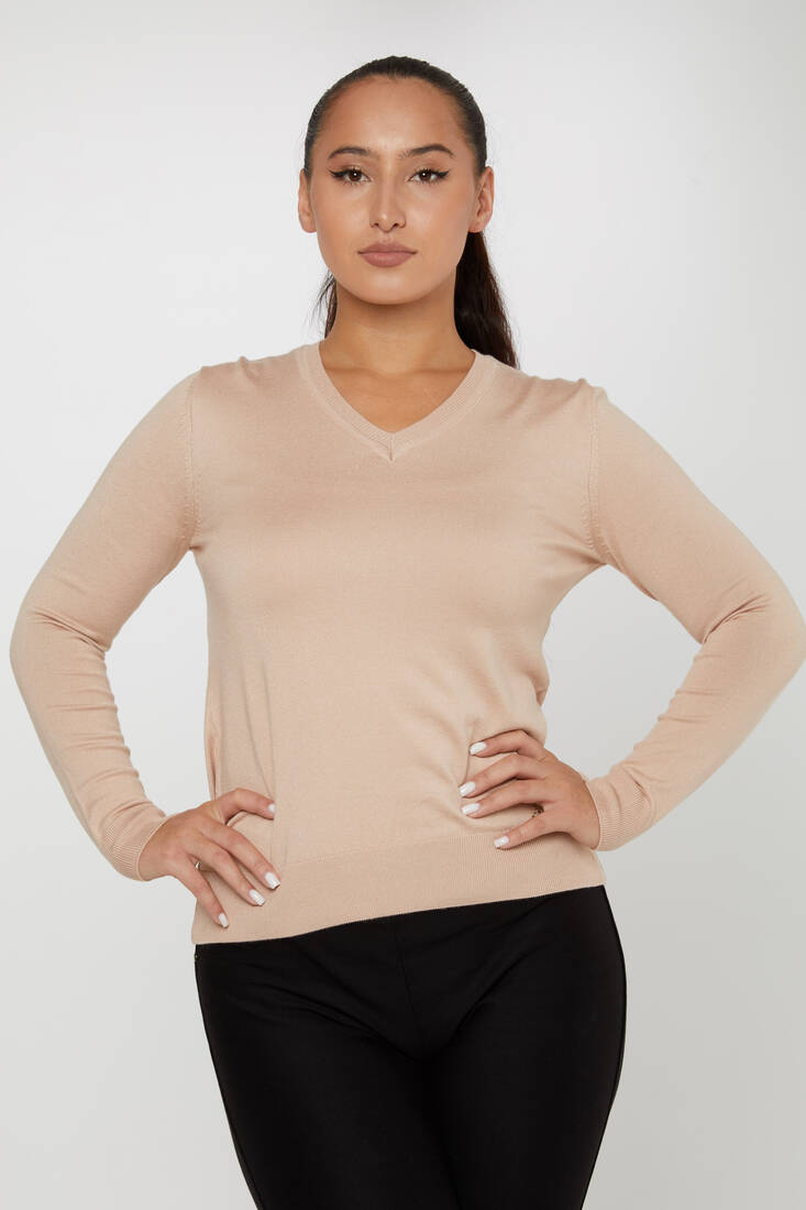 Women's Knitwear Basic V Neck Biscuit - 11071 | KAZEE