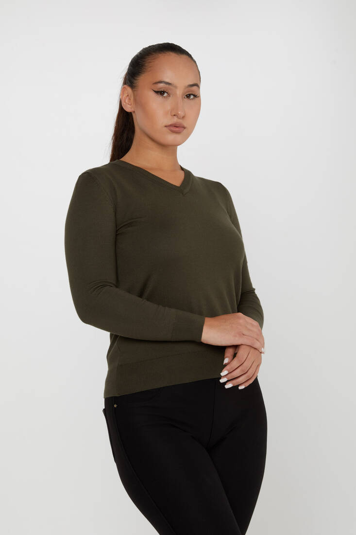 Women's Knitwear Basic V Neck Khaki - 11071 | KAZEE