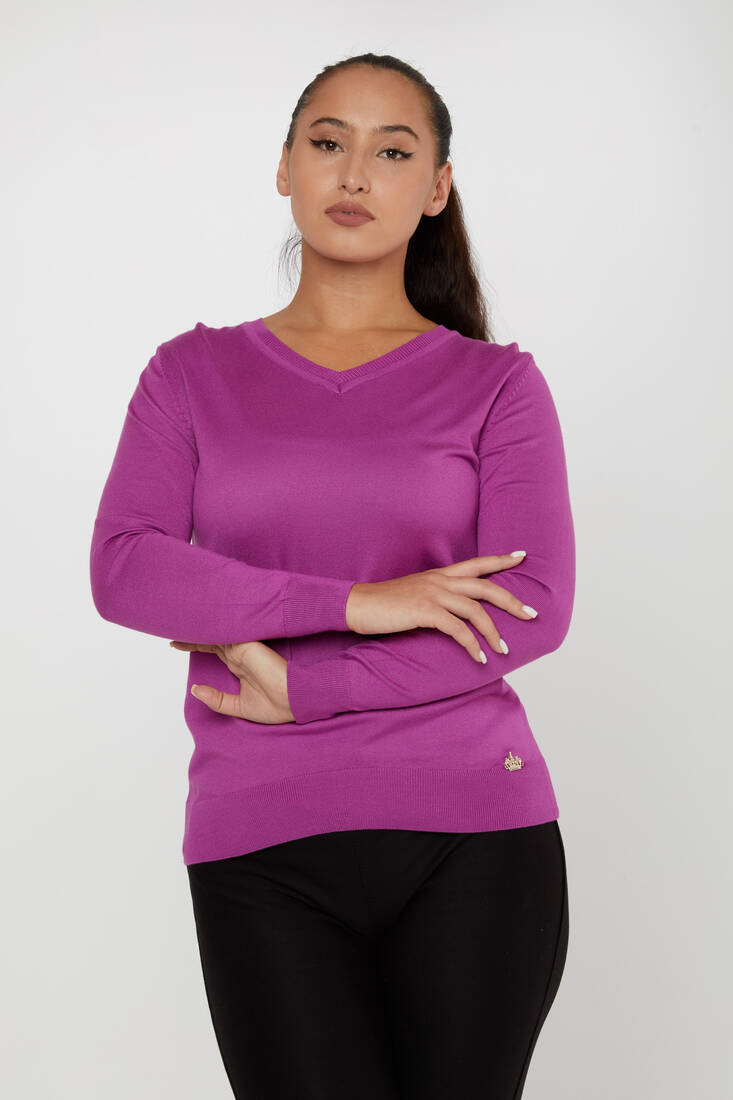 Women's Knitwear Basic V Neck Lilac- 11071 | KAZEE