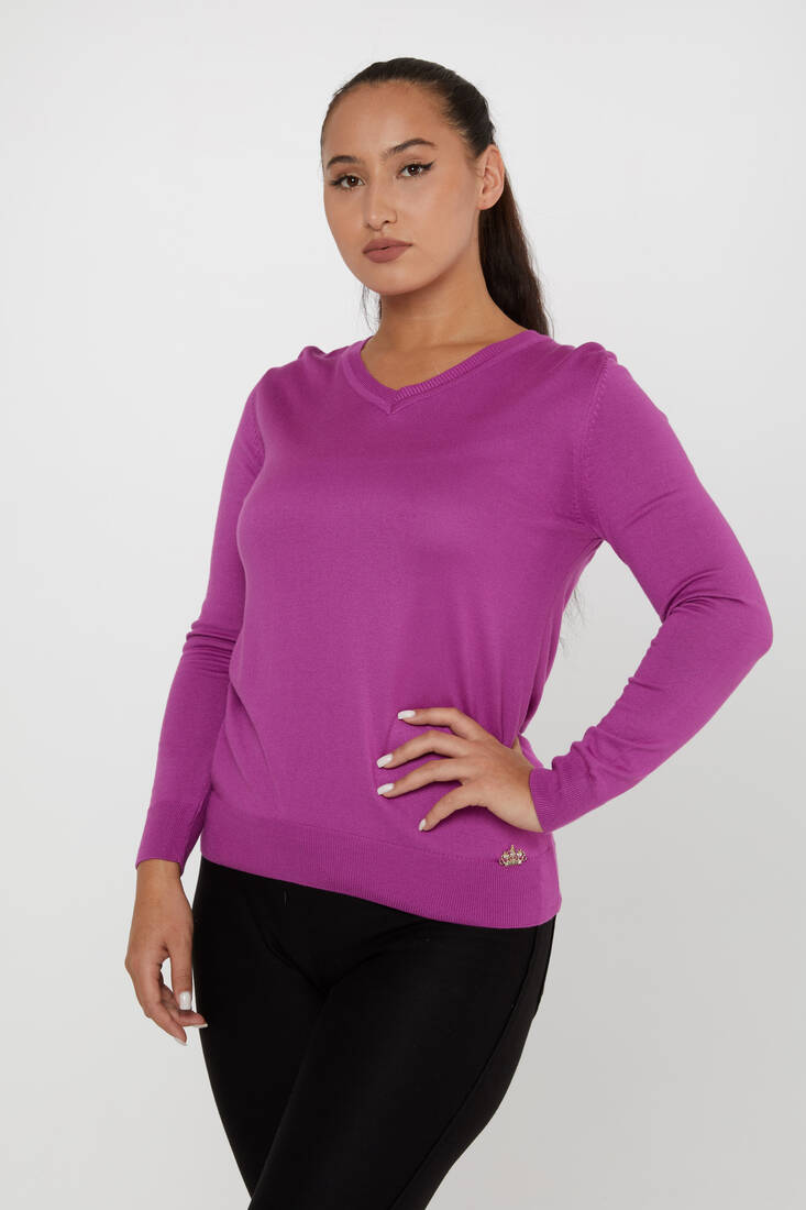 Women's Knitwear Basic V Neck Lilac- 11071 | KAZEE