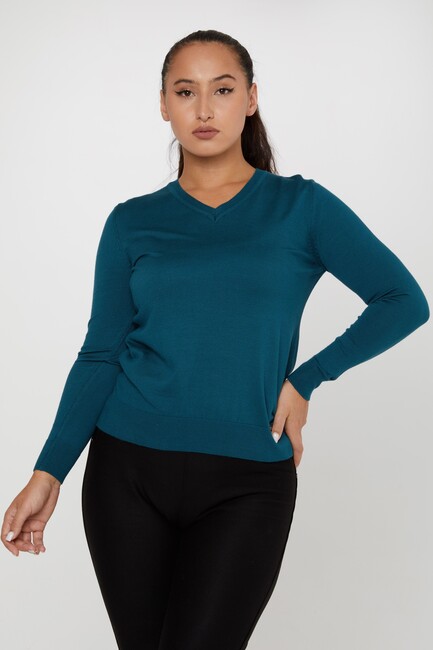 Women's Knitwear Basic V Neck Petrol - 11071 | KAZEE - Thumbnail