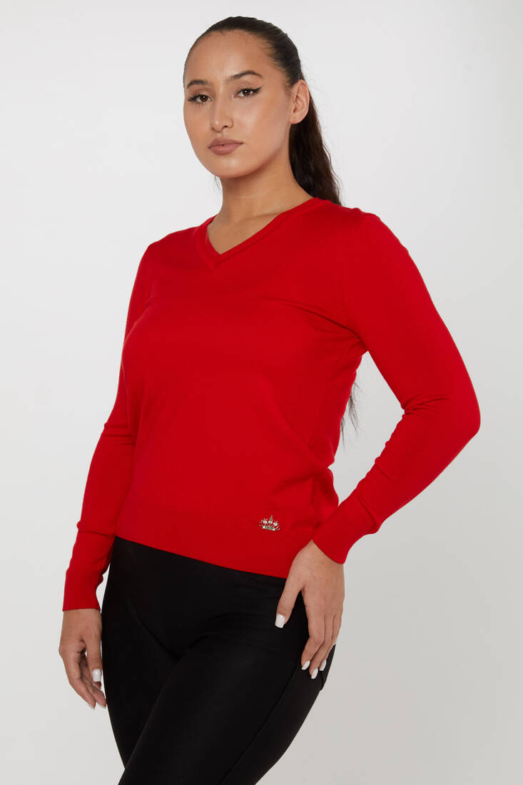 Women's Knitwear Basic V Neck Red - 11071 | KAZEE