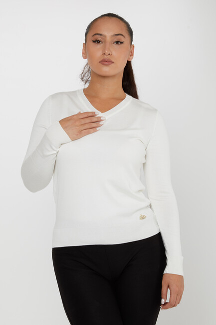 Women's Knitwear Basic V Neck Ecru - 11071 | KAZEE - Thumbnail