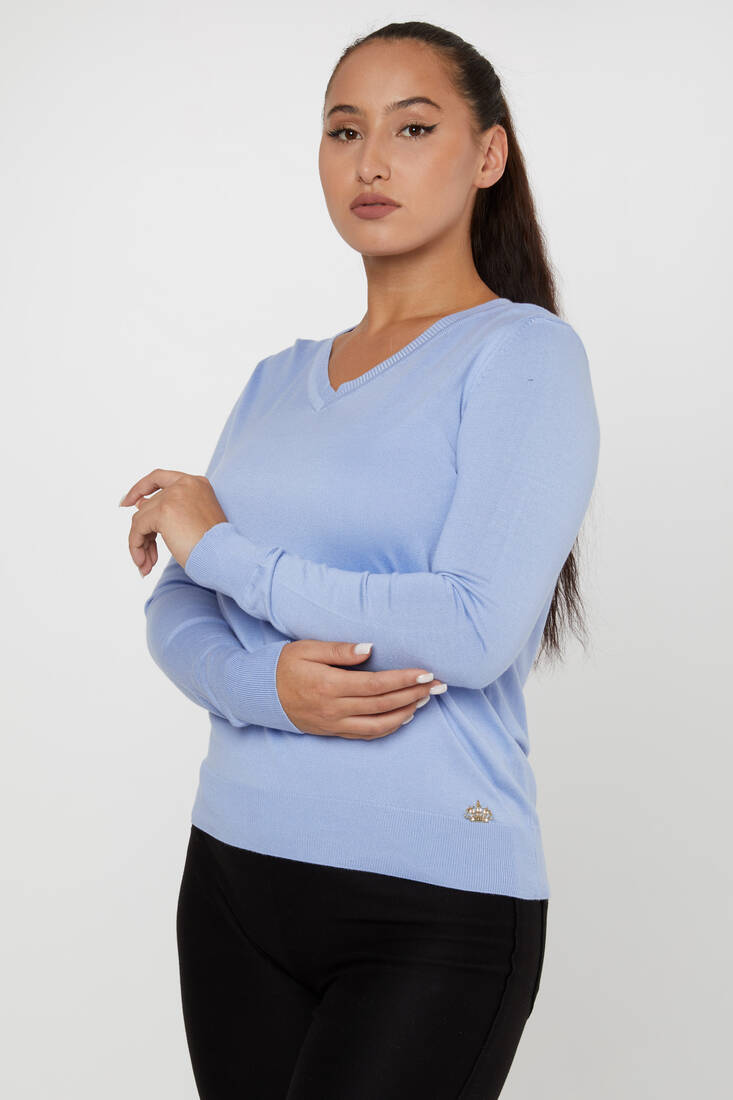 Women's Knitwear Basic V Neck Light Blue - 11071 | KAZEE