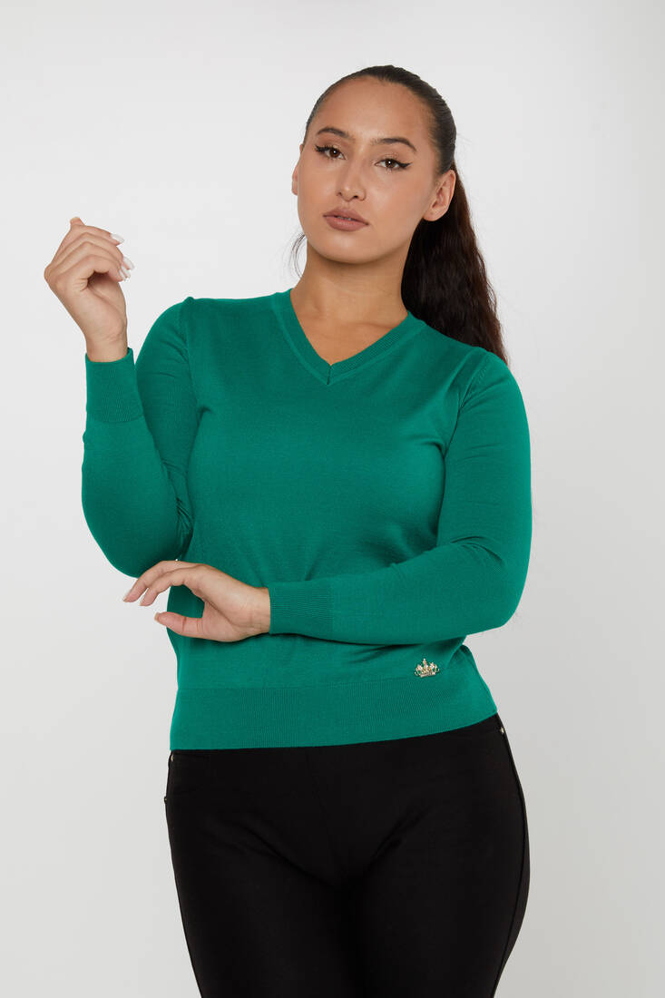 Women's Knitwear Basic V Neck Emerald - 11071 | KAZEE