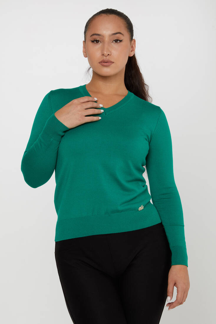 Women's Knitwear Basic V Neck Emerald - 11071 | KAZEE